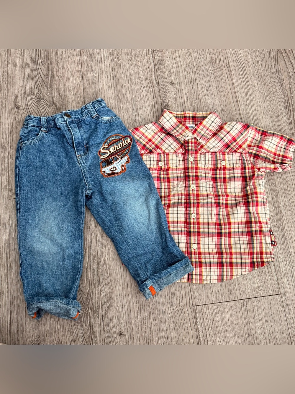 Vintage toddler boy's outfit jeans & plaid short-sleeve shirt 18-24 month